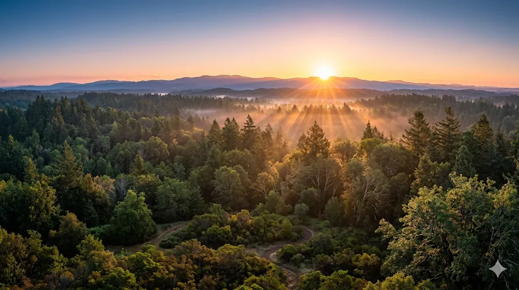 A beautiful sunrise over a misty forest valley